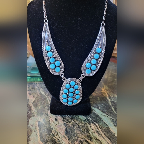 NEW CHARLES JOHNSON NATIVE AMERICAN NAVAJO STERLING SILVER TURQUOISE BIB NECKLAC - Picture 8 of 14